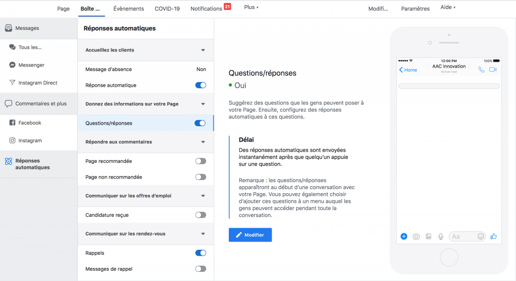 Configurer des réponses automatiques sur Messenger